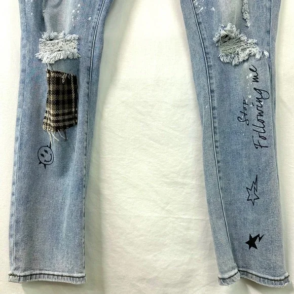 KLEEP Light Wash Denim Streetwear Stacked Skinny Jeans Distressed Patched Men 42 - Picture 4 of 11